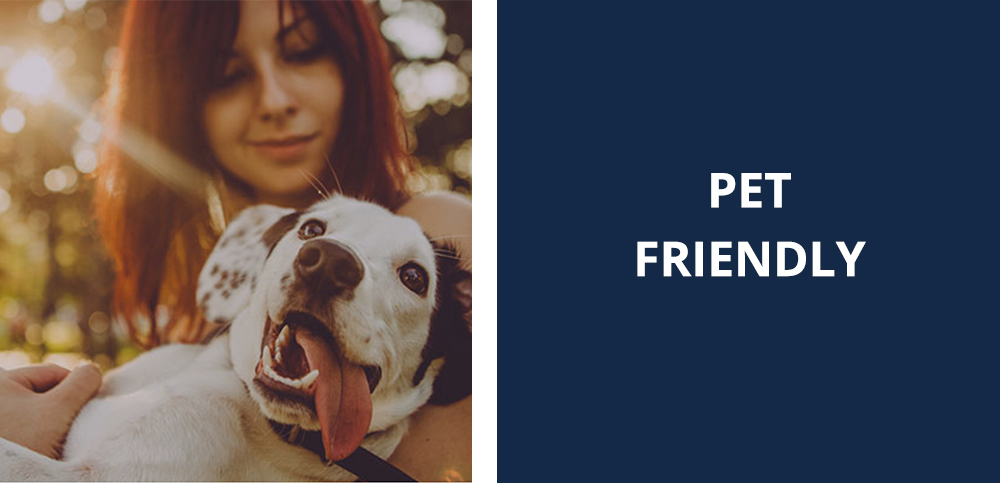 Girl holding dog with the words "pet friendly" next to them